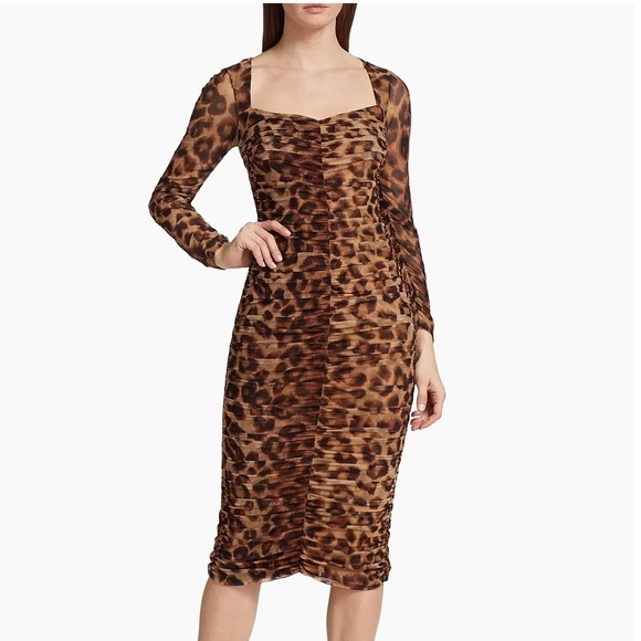 NWT L'AGENCE Marise Leopard Ruched Sheath Dress‎ Size 8 Long Sleeve Midi Party - Picture 1 of 16